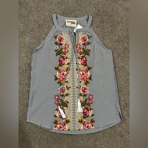 NWT Anthropologie Savanna Jane Striped Linen Embroidered  Sleeveless Top Small